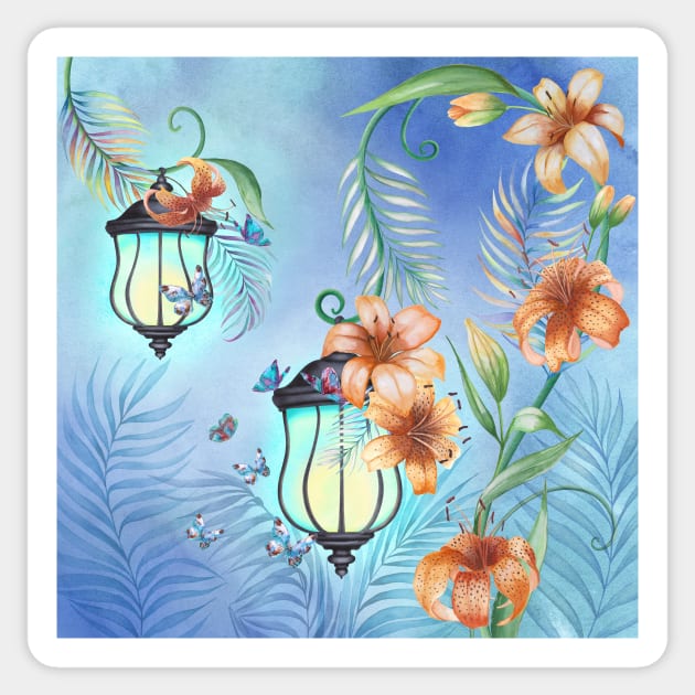 Vintage streetlights with Lily flowers and tropical leaves ornament. Magic floral scenery. Fairy spring garden watercolor illustration Sticker by likapix